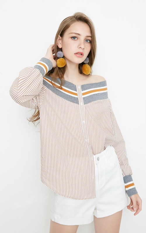 綾致 vero moda春夏新款螺紋一字領條紋燈籠袖襯衫女 318305510 rs服裝 福卡商城