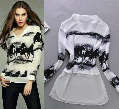 歐洲站明星走秀同款馬圖案V領長袖拼接時尚真絲小衫T553